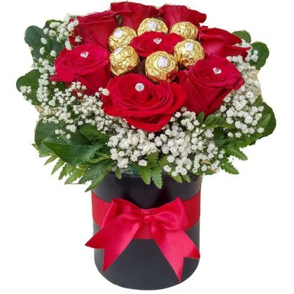 8 roses & baby breath with Ferrero rocher