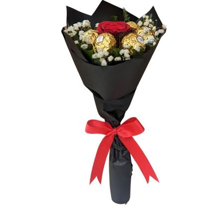 1 Rose & 6 ferrero rocher with baby breath luxury wrapped