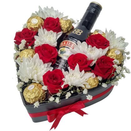 H12 Mini roses & chrysanthemums with Baileys 200ml & Ferrero rocher