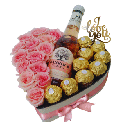 h1 mini roses heart box with bannock 200ml & ferrero rocher
