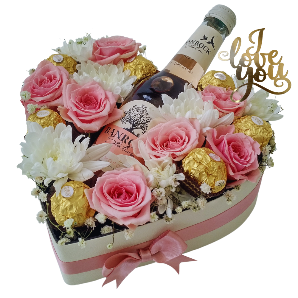 h13 mini roses & chrysanthemums heart box with banrock 200ml & ferrero rocher